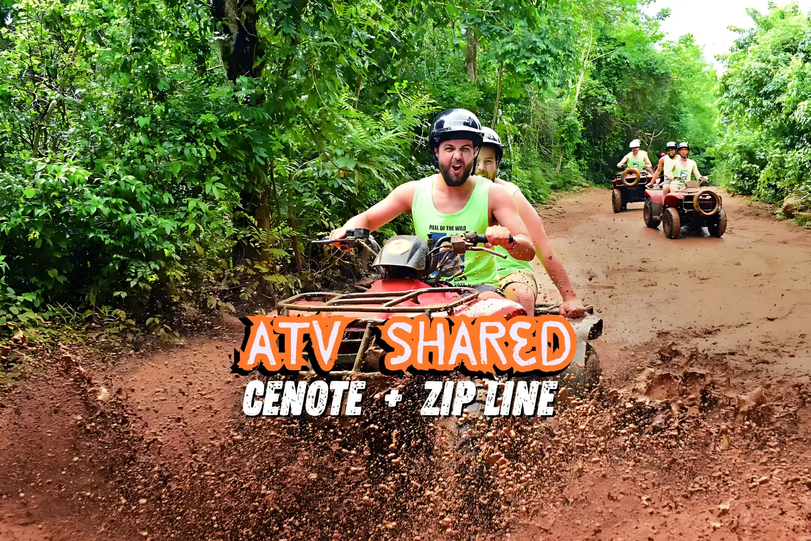 Man and woman on a shared ATV ride through a muddy jungle trail