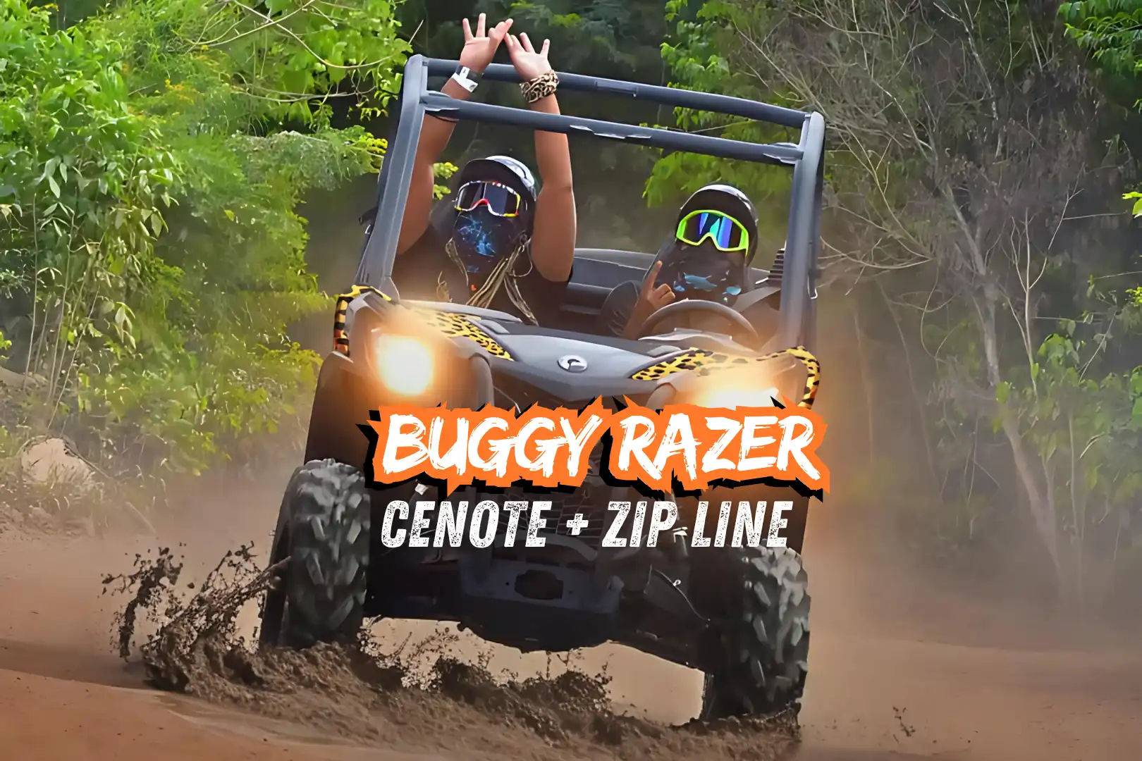 Two people driving a buggy on a dirt trail in the jungle, wearing goggles and face coverings.