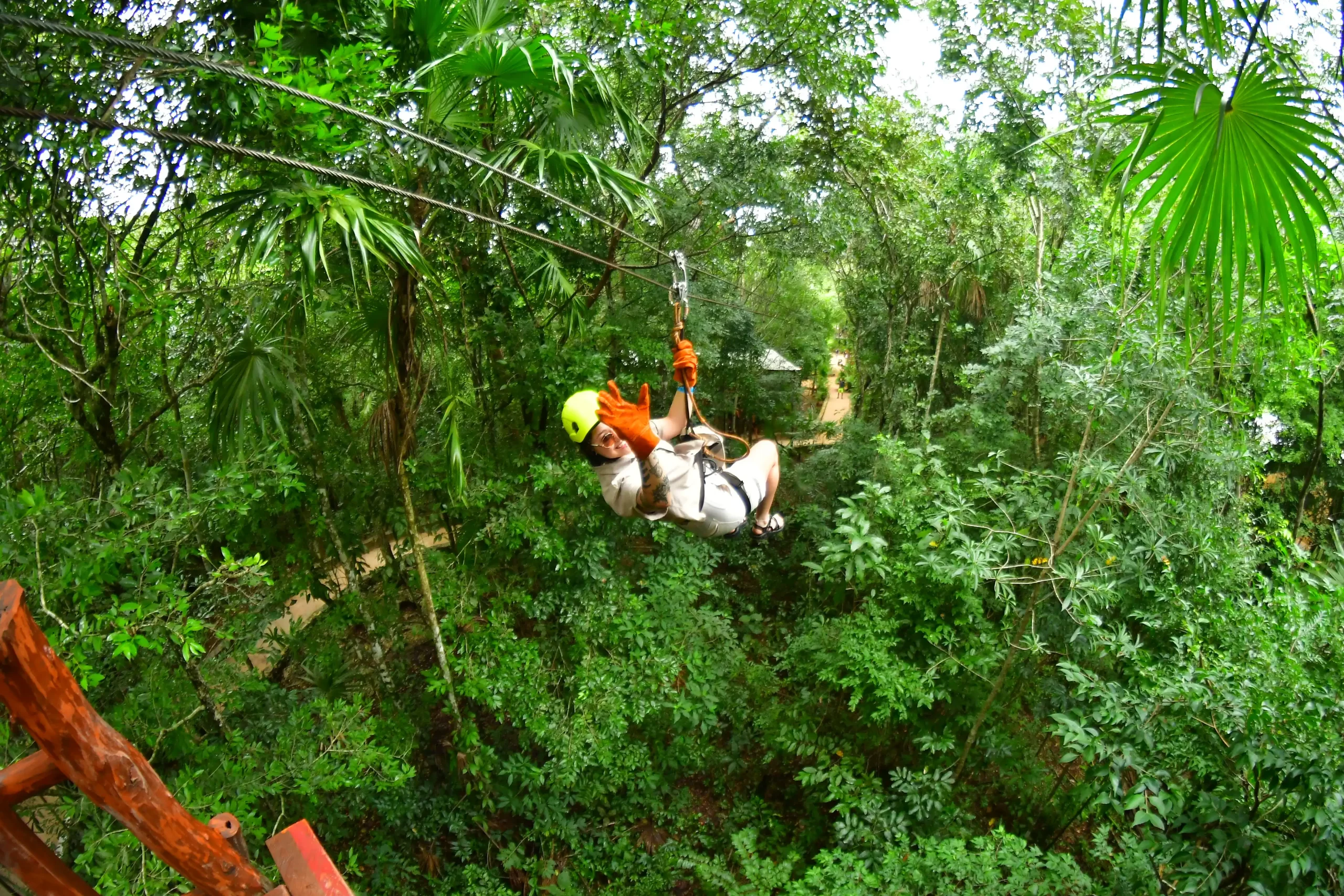 Man ziplining through a dense jungle with lush green trees all around.