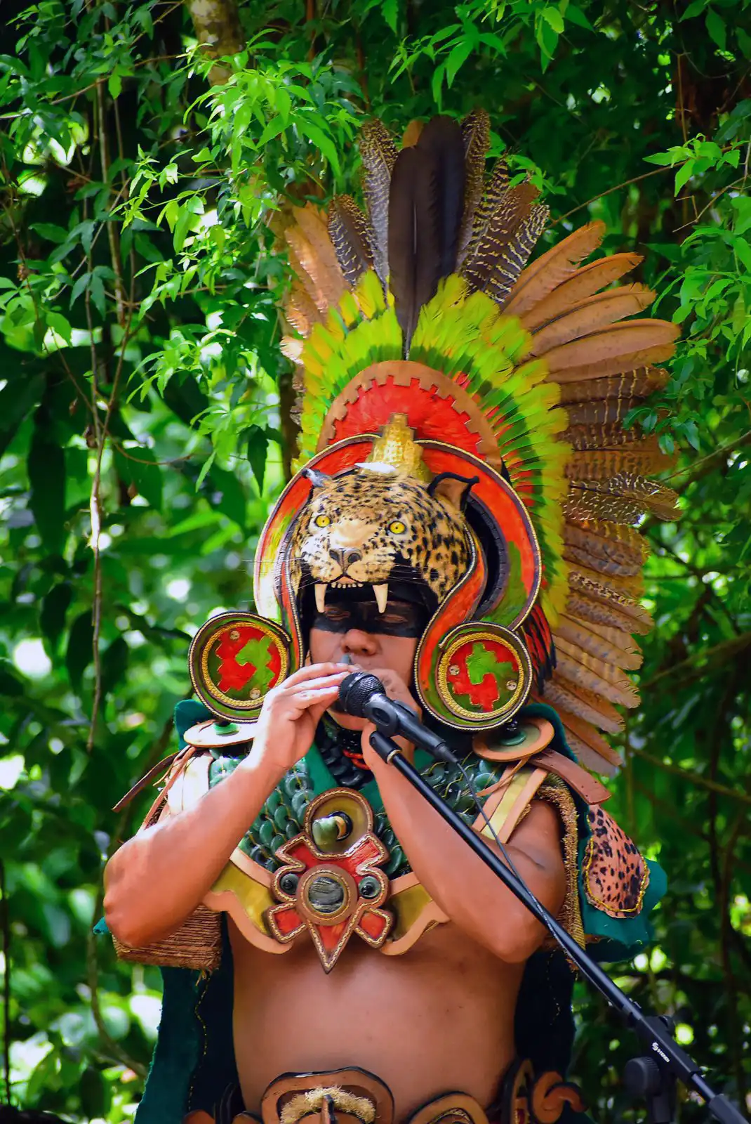 Mayan performer wearing a jaguar headdress, playing a flute.