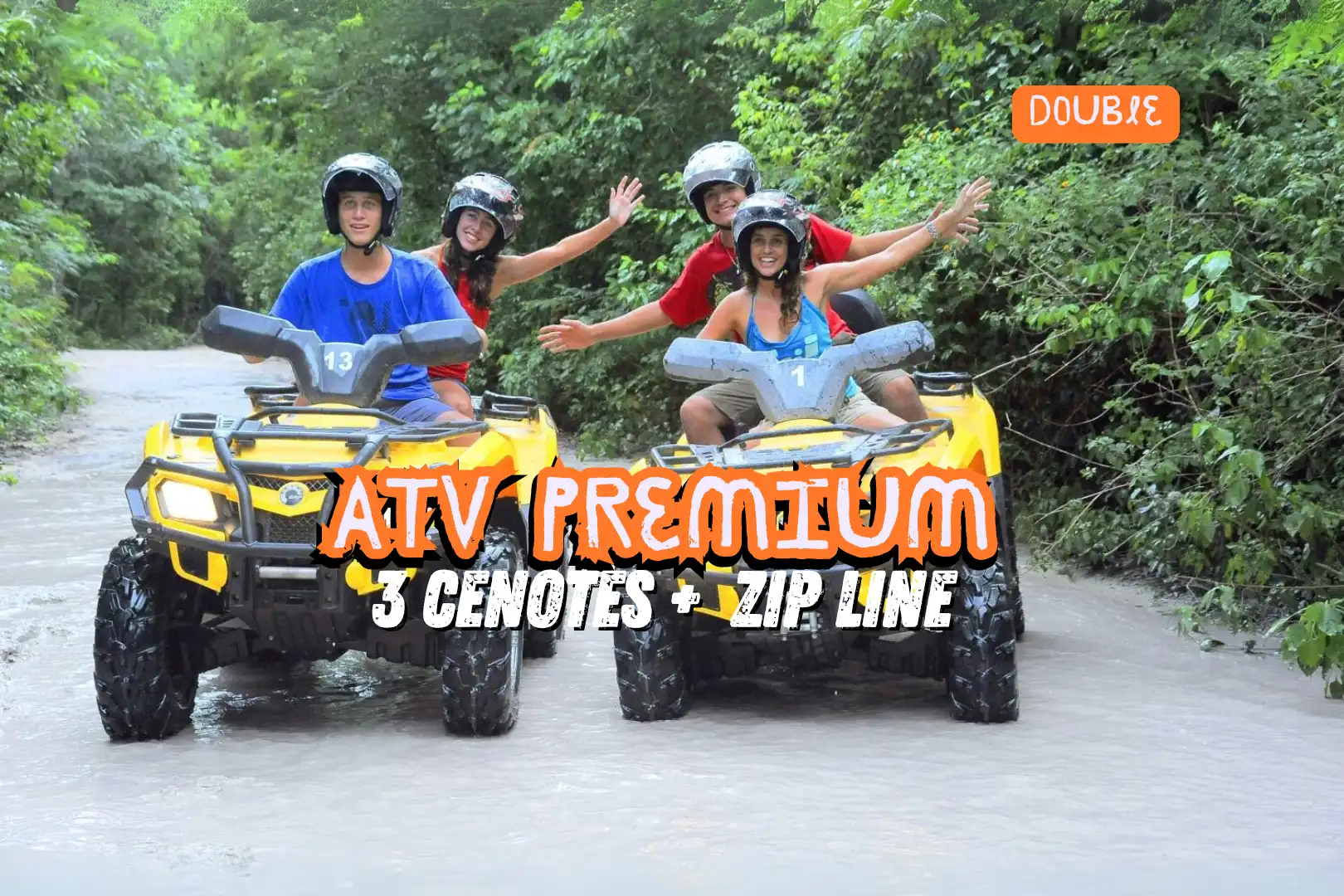 Two couples riding yellow ATVs through a jungle trail, enjoying the ATV Premium Tour with three cenotes and a zip line in Cancun.